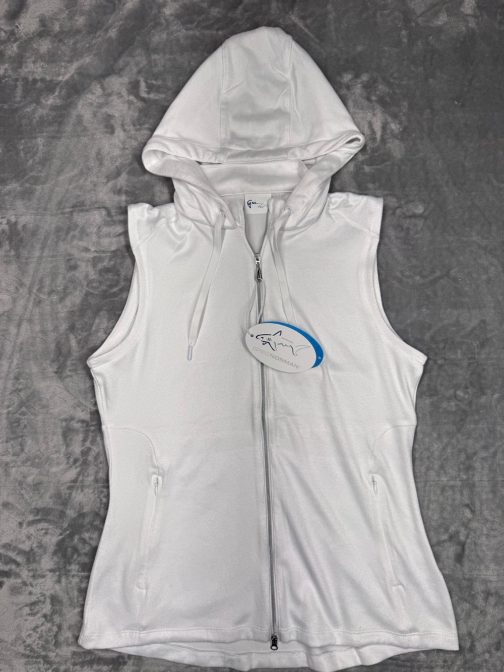 NWT Greg Norman Performance White Hooded Sleeveless Double Zip Top